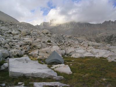 Camp at the foot of Italy Lake, view is toward Gabbot pass on the Sierra High Route