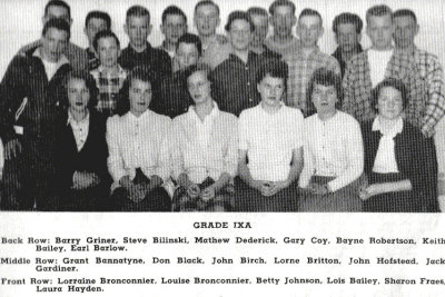 Scanned from the CCI Yearbook by Carol (Seavers)Hansen.
I believe there are a couple omissions ... fellow behind and to the right of Lorne Britton and to the left and in front of Bayne Robertson I believe is Ron Cook and the person behind and to the right of Don Black and in front of and to the left of Mattie Diedrick ... is Sandy Hebert.