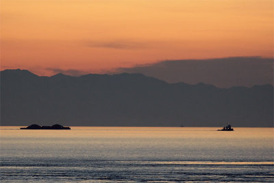 A tug and barge ply Rosario Strait at sunset