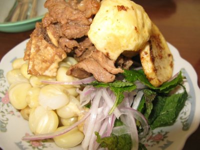 Popular fast Food of Cuzco, Lamb, Potato, Onions and Corn