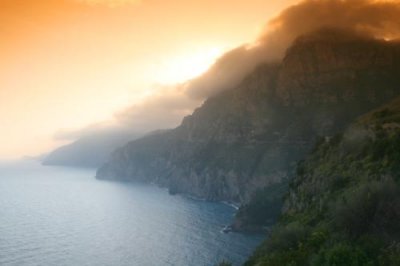 Cliffs along Amalfi coast at sundown
