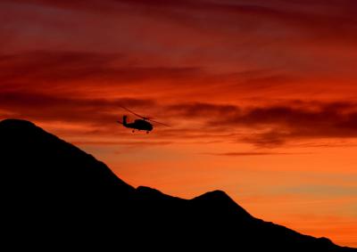 National Guard Blackhawk Helicopter on Dawn Patol over Gastineau Channel, Juneau