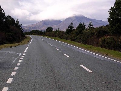 Road on the Isle of Skye. A pull off is called a layby. No shoulders (verge it's called in Scotland) on the roads.