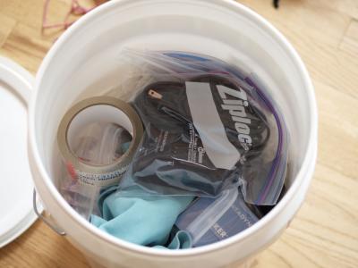 Our bounce bucket filled with stuff
