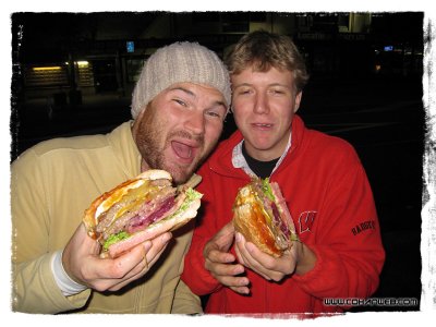 A little late night Fergburger in Queenstown with Neil and friend