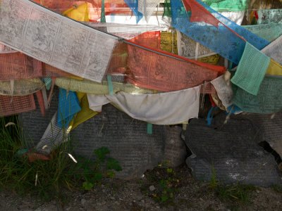 Prayer flags and mani stones
