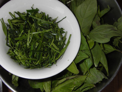 Thai basil, slivered kaffir lime leaves