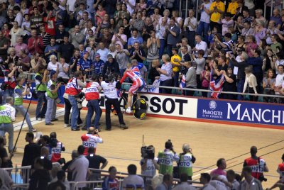 Chris Hoy receiving congratulations after becoming world champion