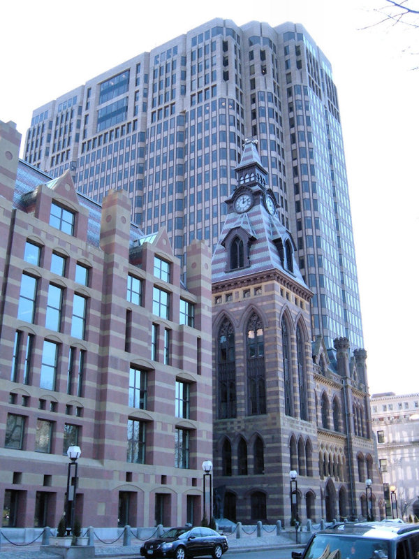 Old Facade of New Haven City Hall next to Modern Skyscraper