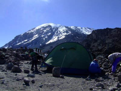 Pitching our tent at the base camp.  Almost there!