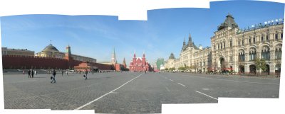 Red Square -- looking north at Lenin's Tomb (left), the State Historical Museum (center), and the GUM shopping complex on right