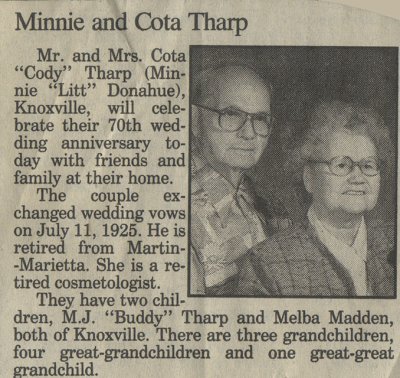 Minnie & Cota Tharp - 70th Wedding Anniversary