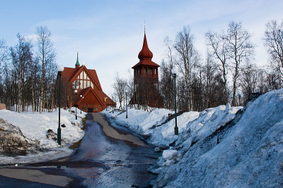 Kiruna church in late april (whitish?) snow