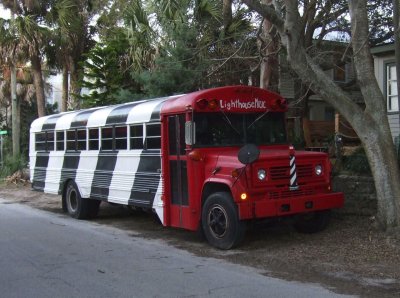 Bus painted to match the St Augustine lighthouse