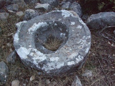 I think this was a mill wheel.  A wooden beam would go in the center, with cross beams tied to animals to walk in a circle.