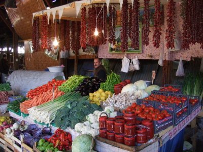 Dried peppers and fresh produce at Trabzon.