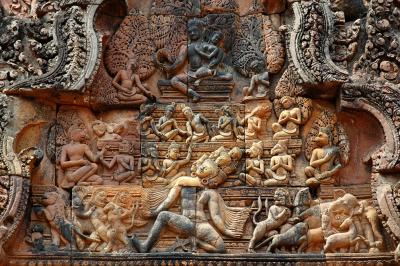 multi-headed demon Ravana shaking Mount Kailasa, where Shiva and Uma are seated