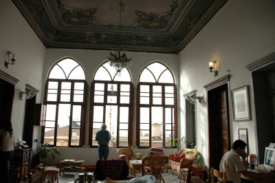 a magnificent hall with panoramic views, hand painted ceiling, and a Turkish marble floor
