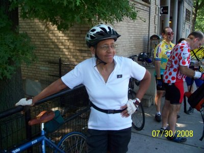 Ann at rest stop on B'way (Photo by Joe C.)