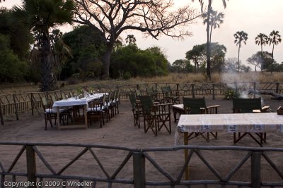 The chairs are around the campfire for sundowners, roasted cashews and then dinner.