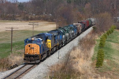 CSX power on the point of an EVWR train moves west (timetable north) and will be dropped off at the Sigeco spur for coal train power.