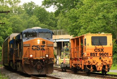 EB rack train through the construction site at Sandy Hook