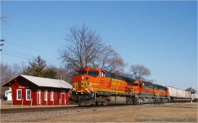 Chicago, Burlington & Quincy Depot, Steward, Illinois with BNSF 5425.jpg