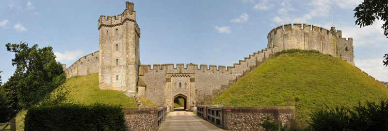 Panorama of the Bevis Tower, West Gate, Motte and Keep, Arundel Castle