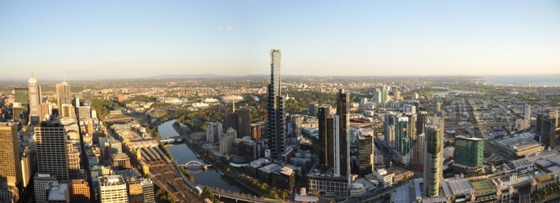 Panoramic view of the Yarra River and Southbank from the Observation Deck of Rialto Towers
