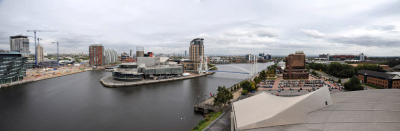 Panoramic view of the Salford Quays and the Manchester Ship Canal from the Imperial War Museum