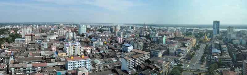 Panoramic view of central Yangon south through east from Traders Hotel