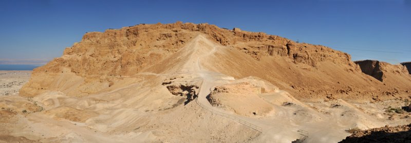 Panoramic view of the western face of Masada and the Roman Siege Ramp