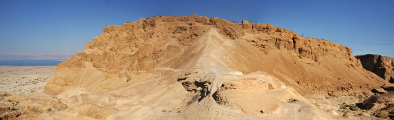 Panoramic view of the western face of Masada and the Roman Siege Ramp