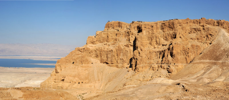 Panoramic view of the northwestern cliffs of Masada and the Dead Sea
