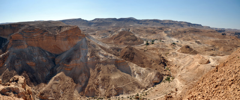 Panoramic looking to the west from Masada with the Roman Siege Ramp