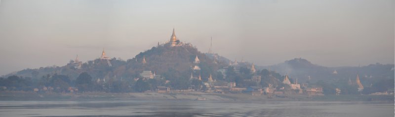Panoramic view of the Sagaing Hills from the river at sunrise