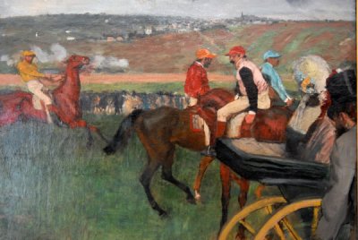 Le champ de courses, jockeys amateurs prs dune voiture by Edgar Degas, 1888-87