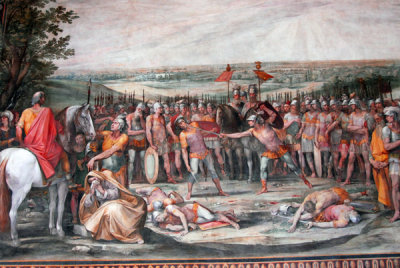 Wall fresco of the Battle between triplets of Horatii and Curiatii with 2 on each side already slain, by Cavaliere d'Arpino 1612