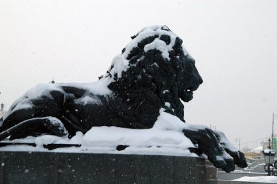 Snow covered lion, Cathedral of Christ the Saviour, Moscow