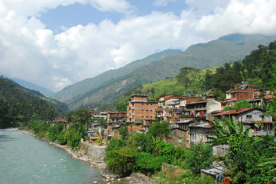 At Bahrabise, the Bhote Kosi River is wide and relatively placid