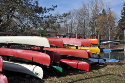 Canoes on the racks at Wards Island waiting for summer