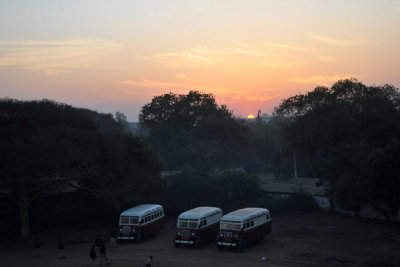 Takeoff over the three buses of Balloons Over Bagan