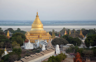 Aerial view of Shwezigon Paya with the Irrawaddy River in the background