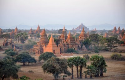 Central Plains of Bagan from the air with Dhammayangyi Temple in the distance
