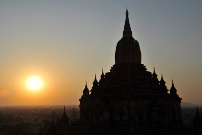 Silhouette of Sulamani Temple with the early morning sun