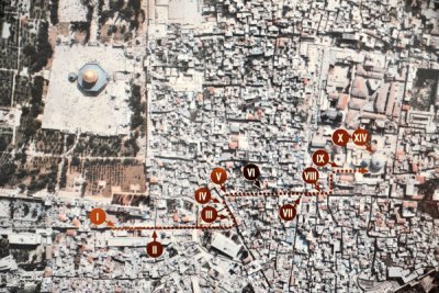 Aerial view of Jerusalem showing the Via Dolorosa and the 14 Stations of the Cross