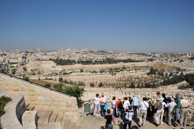Tourists posing at Rehavam Lookout, Mount of Olives