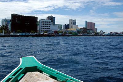 Approaching Male on the Huhule Island Hotels dhoni