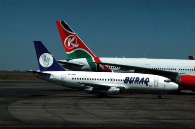 Buraq Air 737 (5A-DMU) at Nairobi with Kenya Airways 777