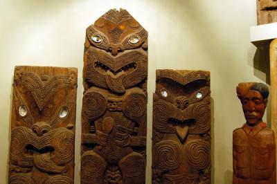 Poupou (panels) from a whare koiwi (tomb) at Maketu, Bay of Plenty. Te Arawa tribe